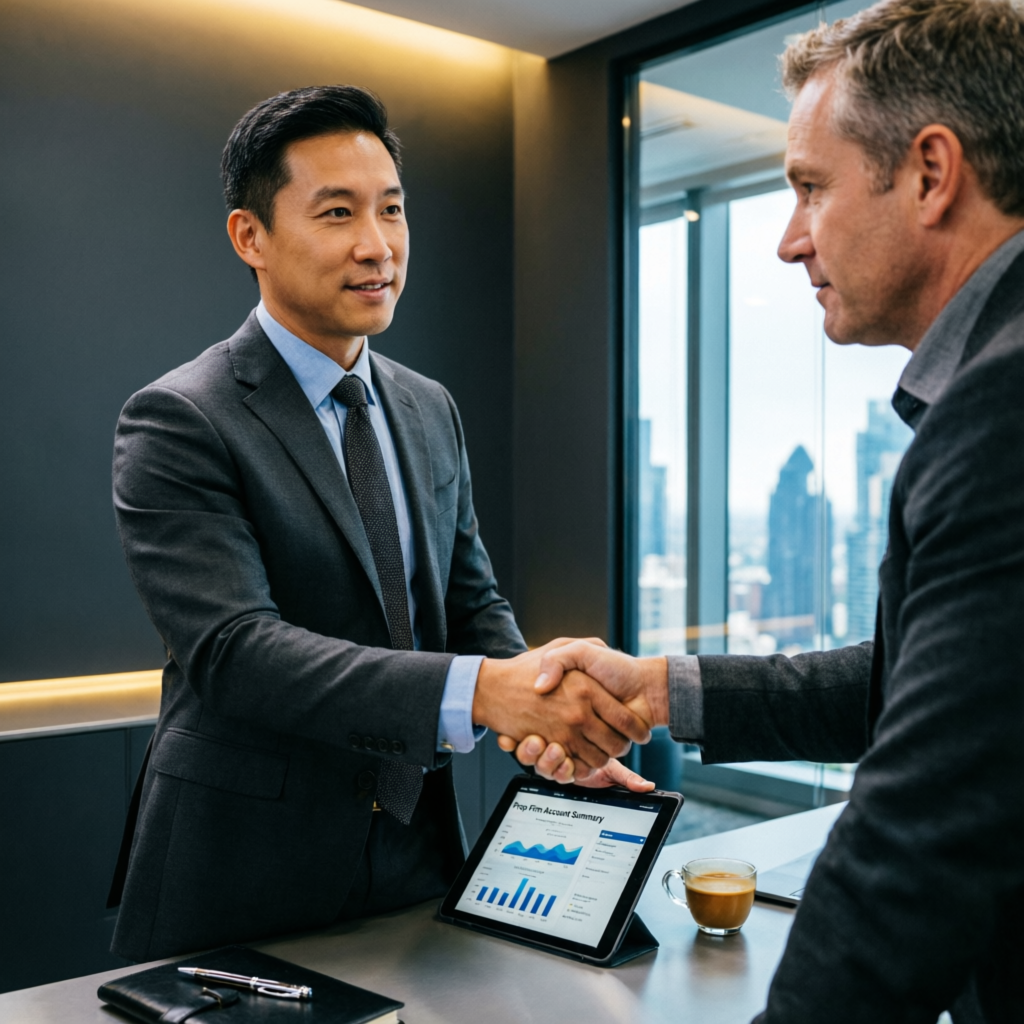 Professional financial consultant shaking hands with client