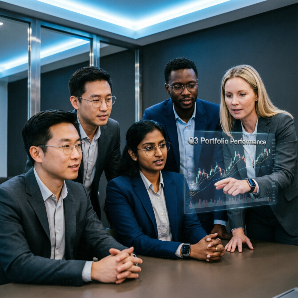 Professional trading team of experts analyzing portfolio performance