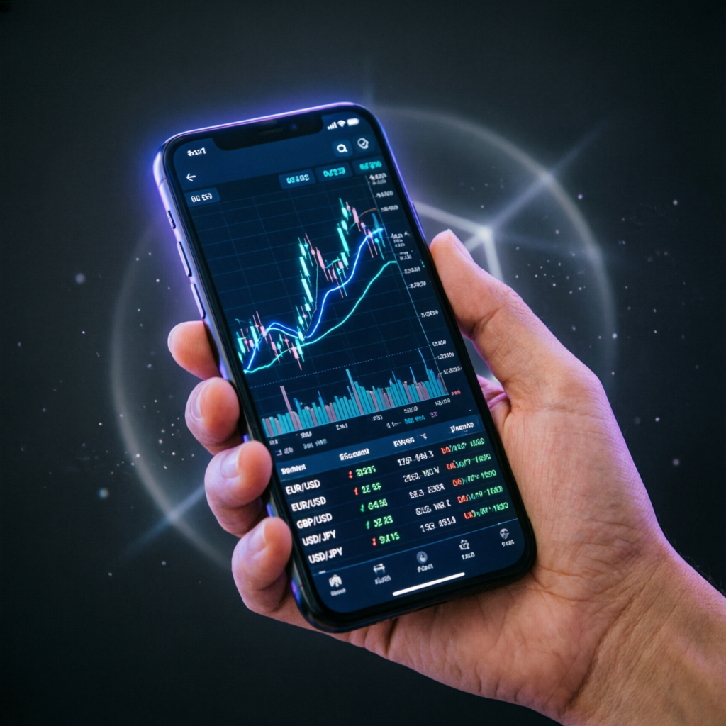 Mobile forex trading application showing live charts and positions