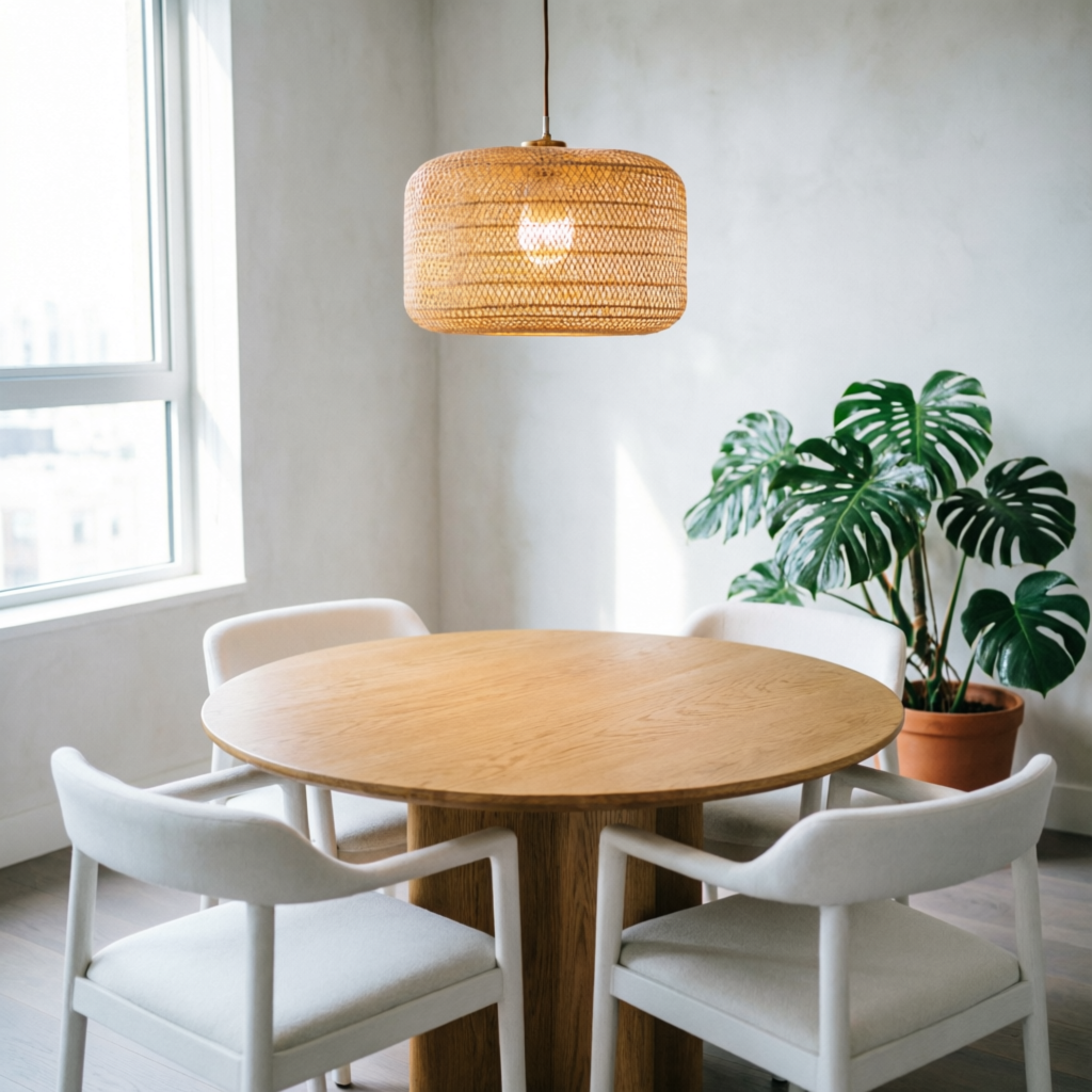 Bright dining corner with a round oak table, white chairs and a woven pendant light in a wood-and-white apartment interior