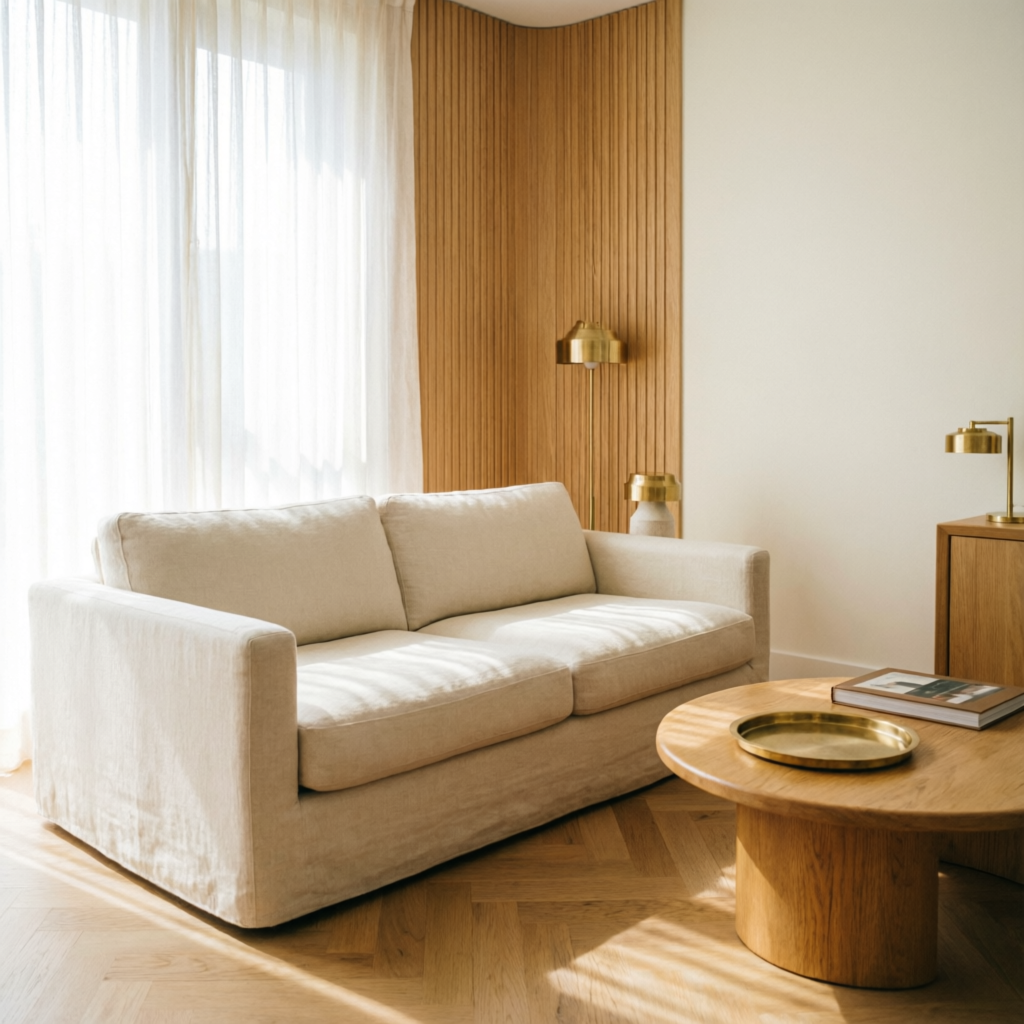 Calm living room with a cream linen sofa, fluted oak wall panelling and soft daylight — a wood and white residential interior by Wood & White, Thane