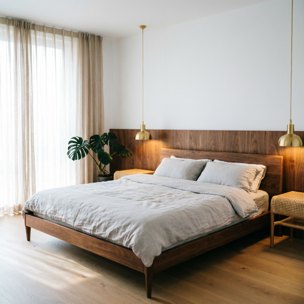 Master bedroom with a walnut wood headboard wall, linen bedding and soft golden pendant lights in a Thane residence