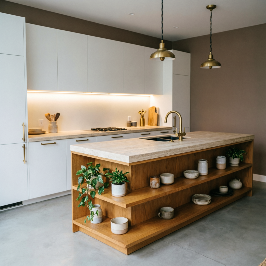 Modular kitchen with matte white cabinets, oak wood island, brass tap and warm under-cabinet lighting designed for a Thane home