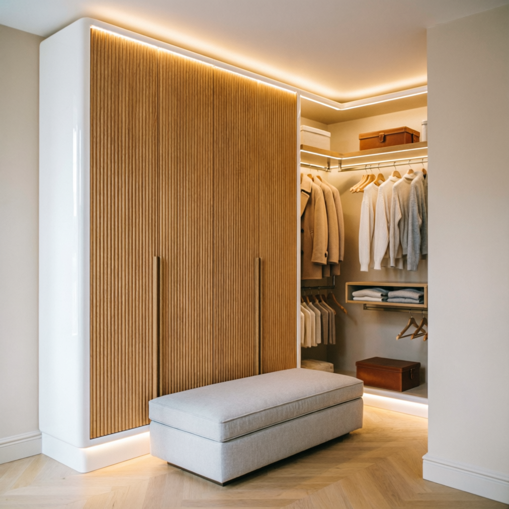 Floor-to-ceiling wardrobe with fluted oak shutters, white lacquer body and integrated LED lighting with an open dressing section