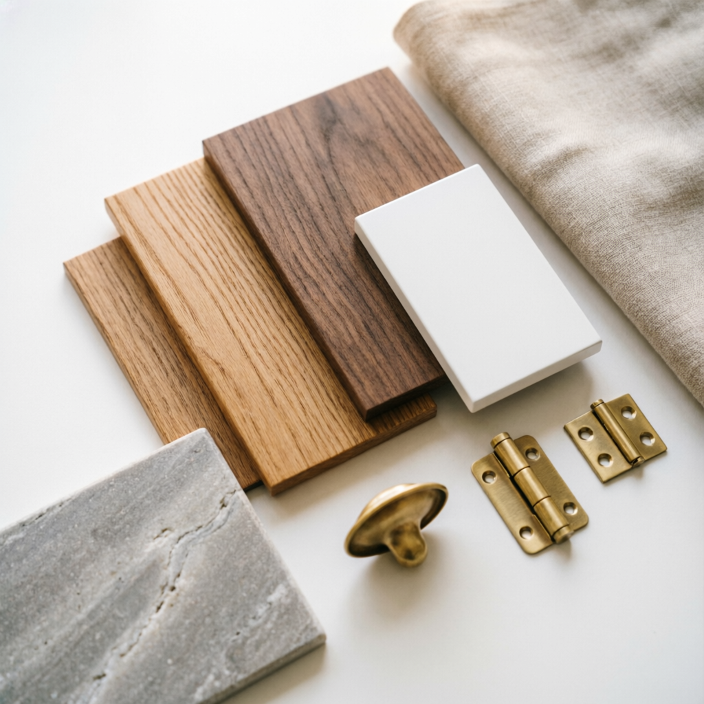 Material palette of oak and walnut veneers, white lacquer sample, brass hinges and knob, stone tile and linen fabric on a white table