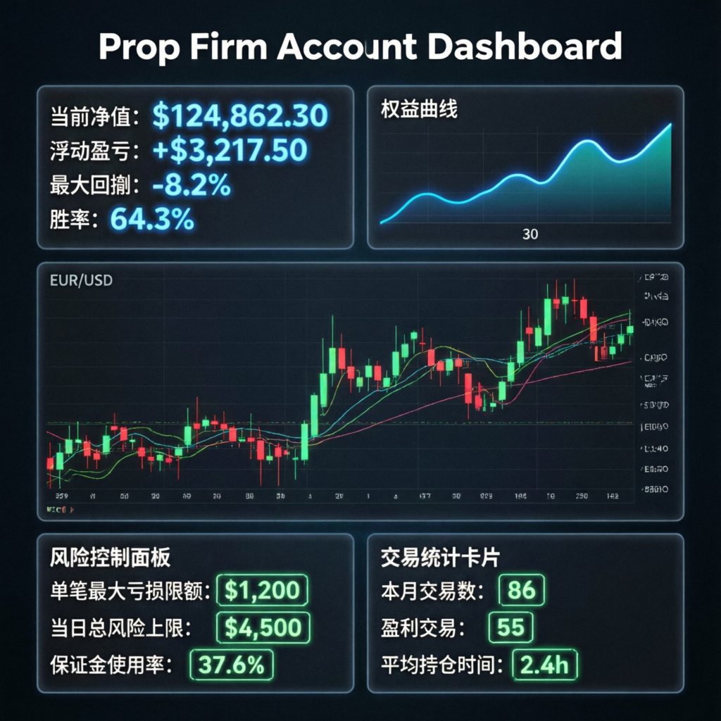 Prop Firm Account Dashboard showing FundedNext Management Service metrics