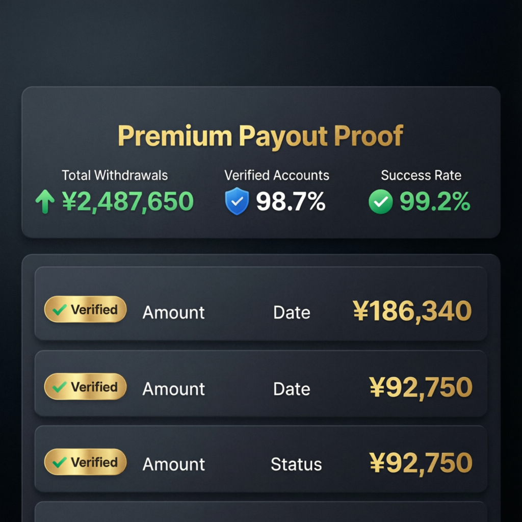 Premium payout proof dashboard showing verified withdrawals and success metrics