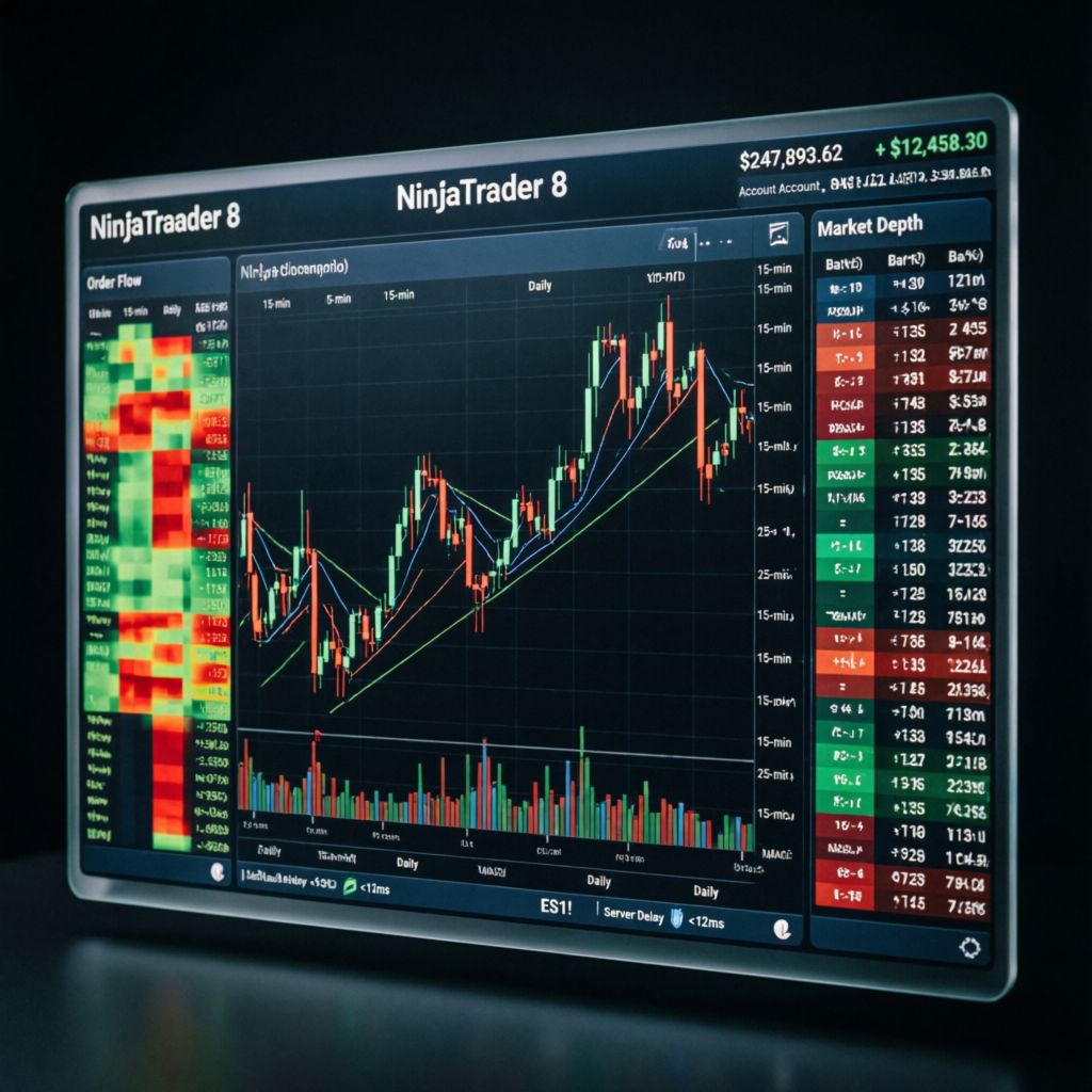 NinjaTrader 8 platform interface with advanced futures trading charts