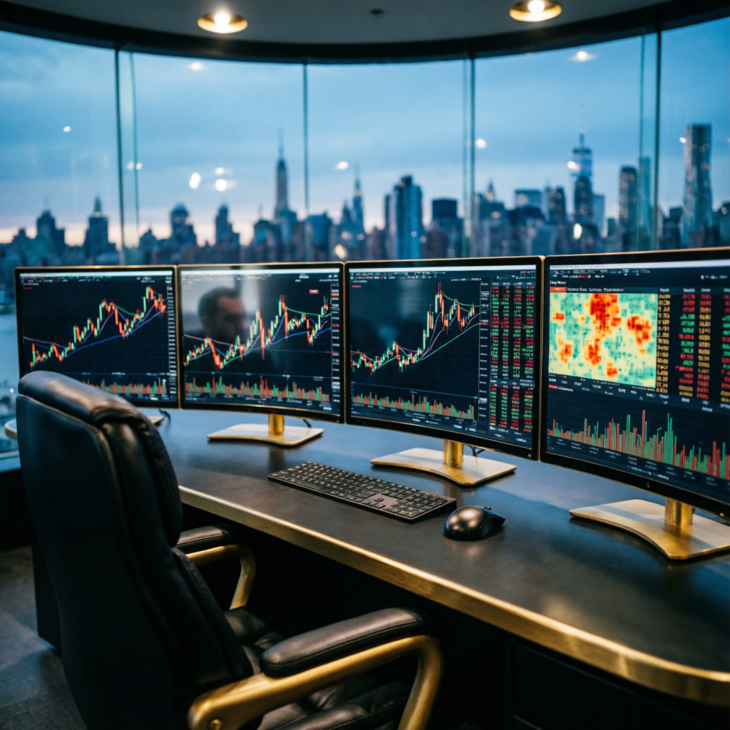 Professional futures trading desk with multiple monitors showing forex charts