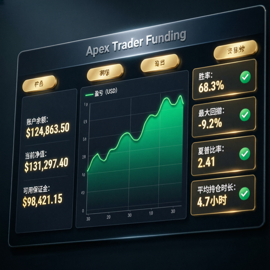 Apex Trader Funding dashboard showing account balance, profit charts, and trading metrics