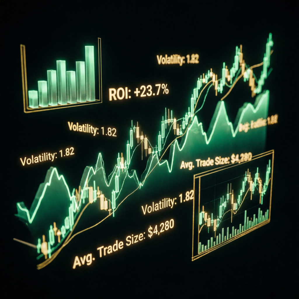 Financial data visualization with trading charts and ROI metrics