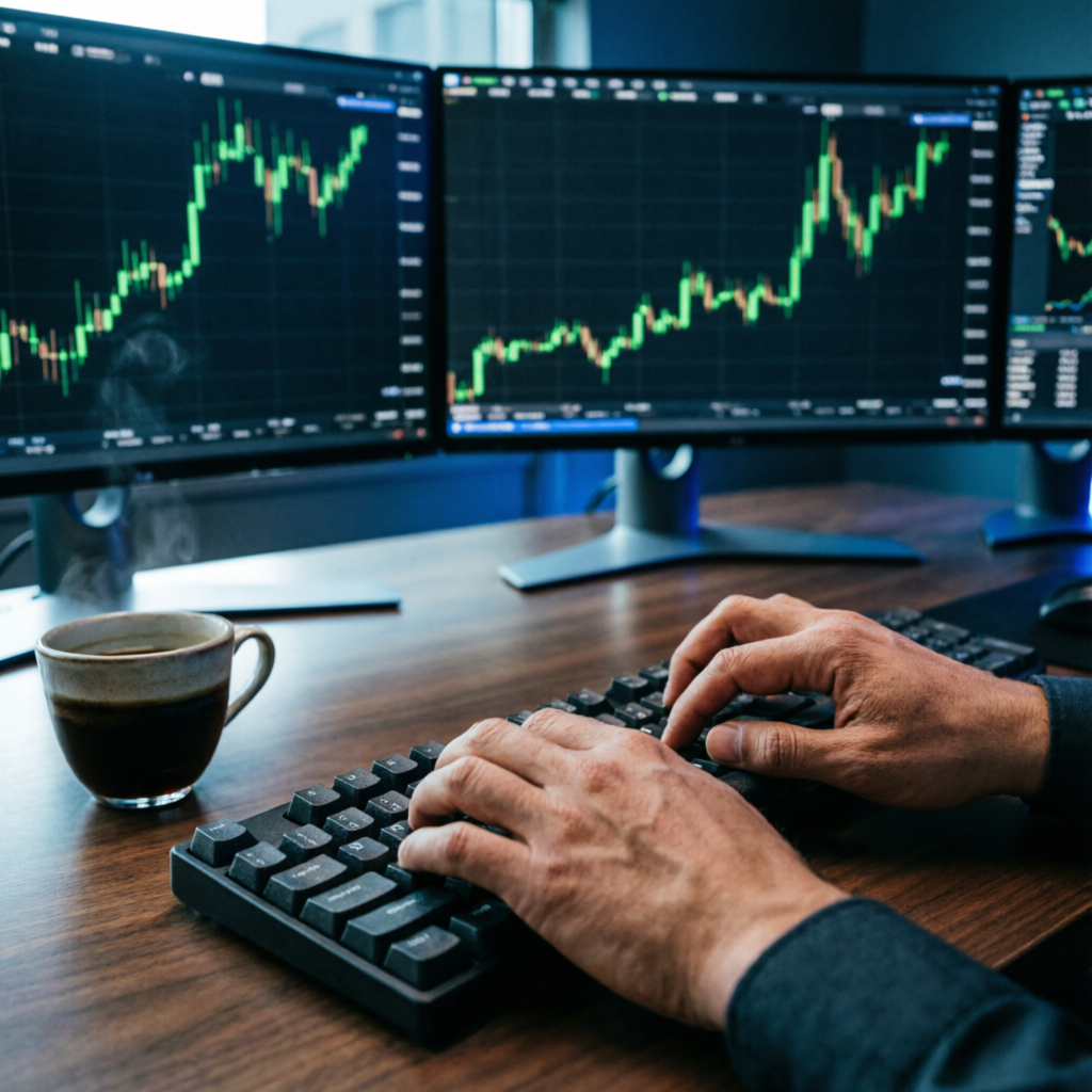 Professional trader analyzing futures charts on multiple monitors