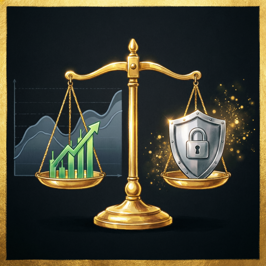 Risk management concept with balance scales showing profit vs protection