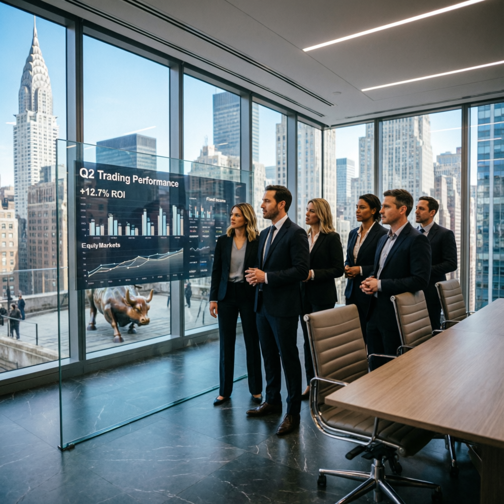 Professional trading team analyzing performance in modern Wall Street office