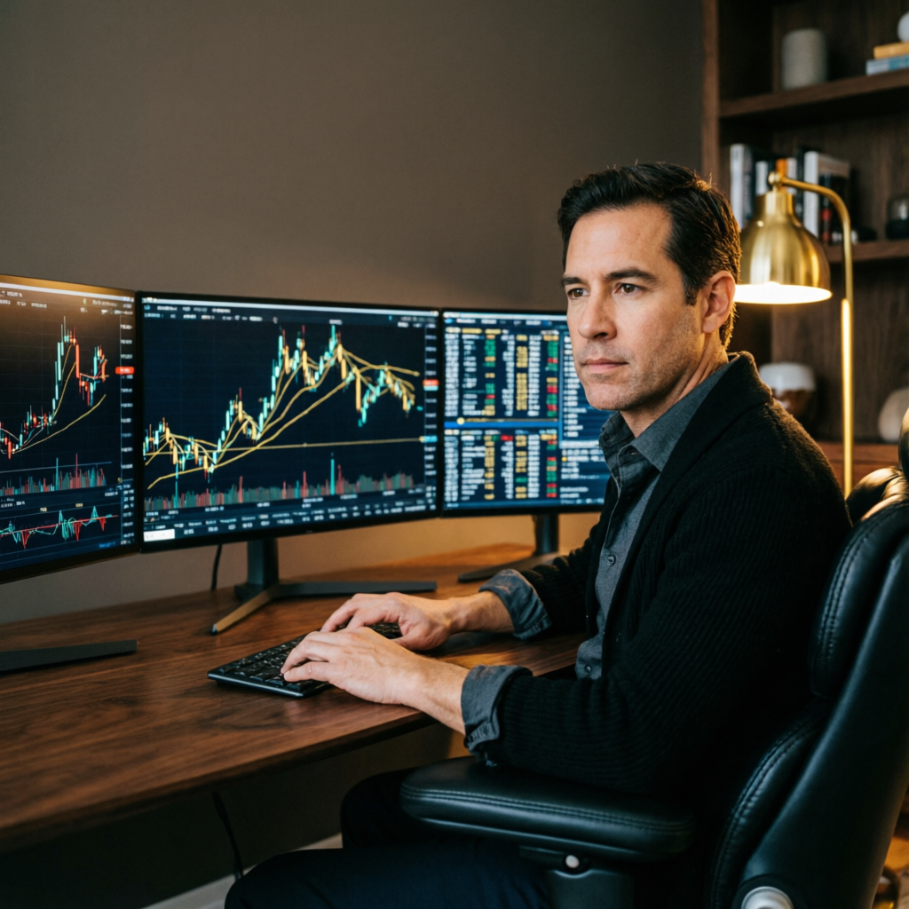 Professional forex trader at multi-monitor trading setup