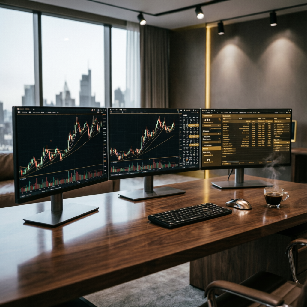 Professional trading workstation with multiple monitors