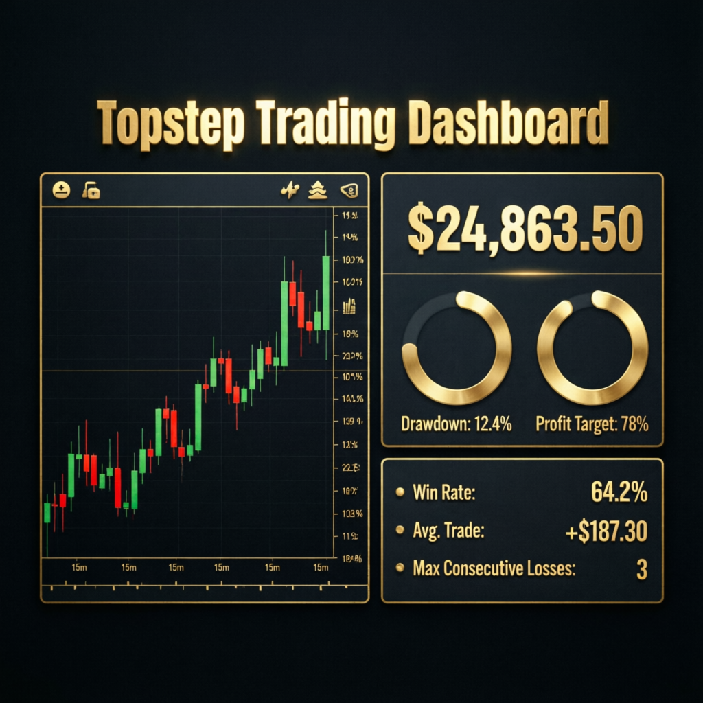 Topstep Trading Dashboard showing drawdown rules and profit targets