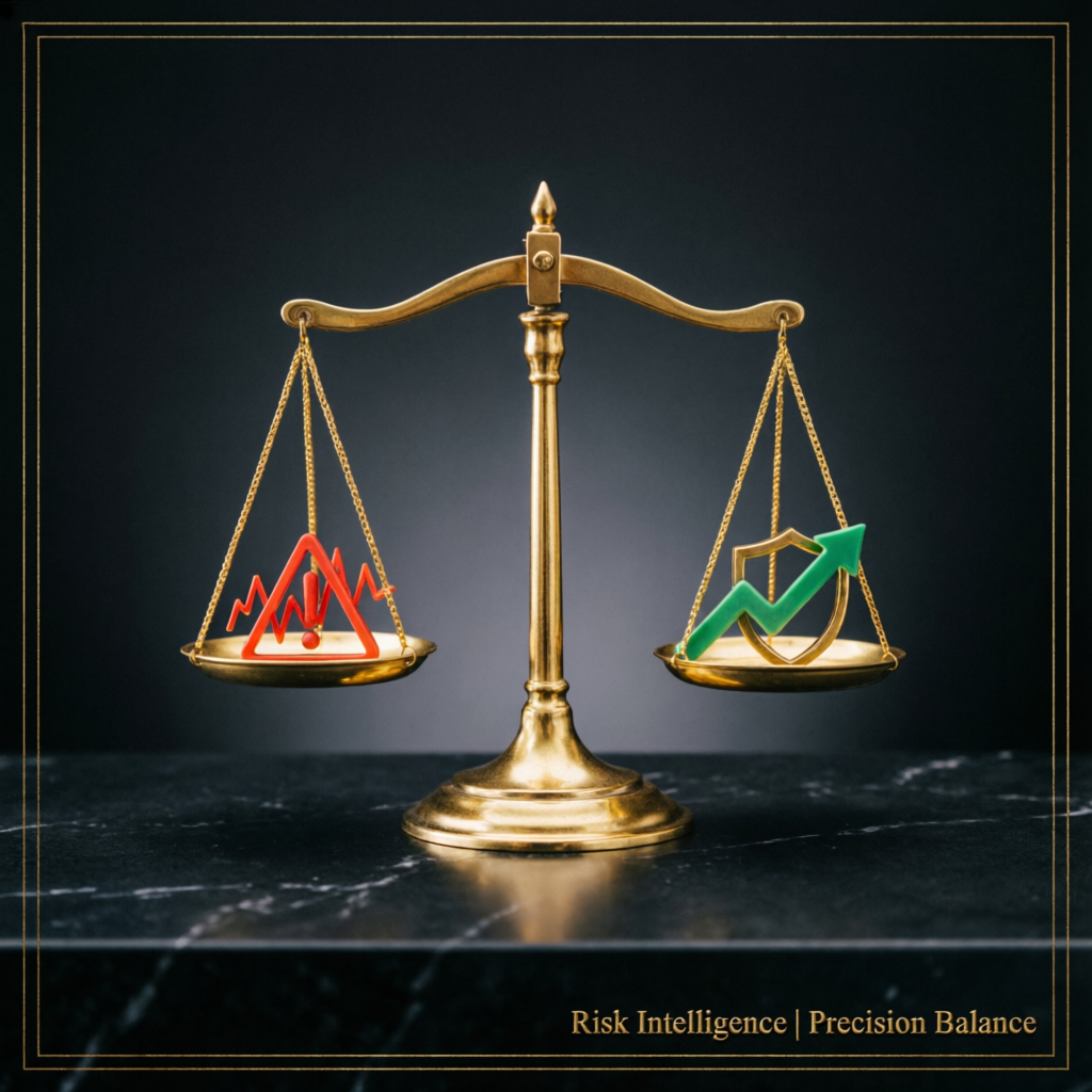 Risk management balance scale showing profit vs loss