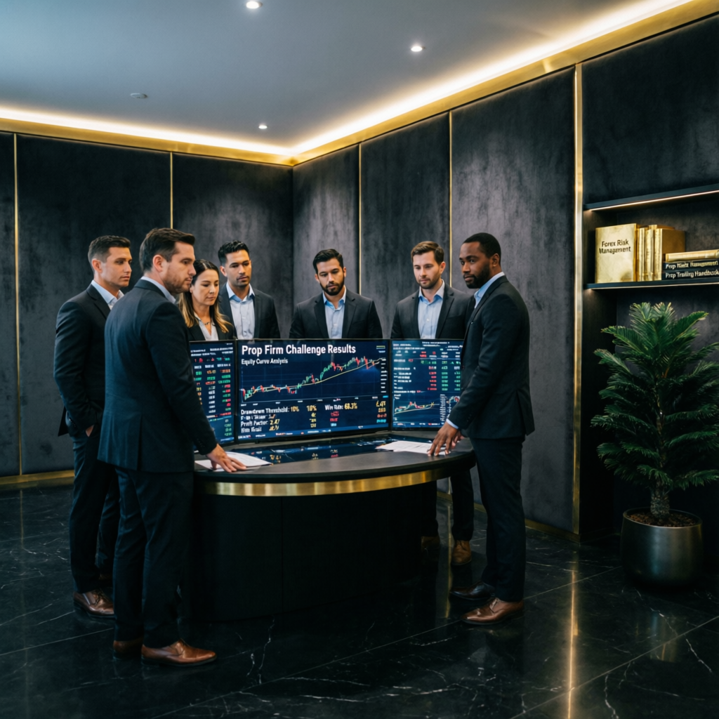 Professional trading team analyzing prop firm challenge results