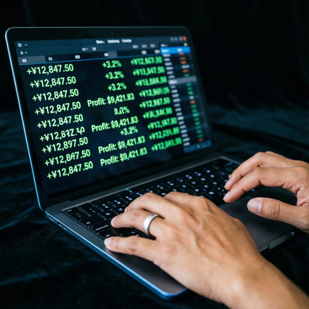 Trader reviewing profitable forex trading results on laptop