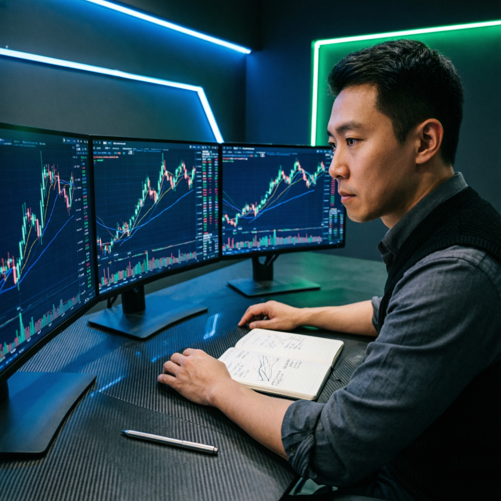 Professional trader analyzing multiple forex charts with focus and discipline