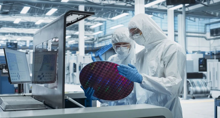 Engineers inspecting a silicon wafer inside a semiconductor cleanroom
