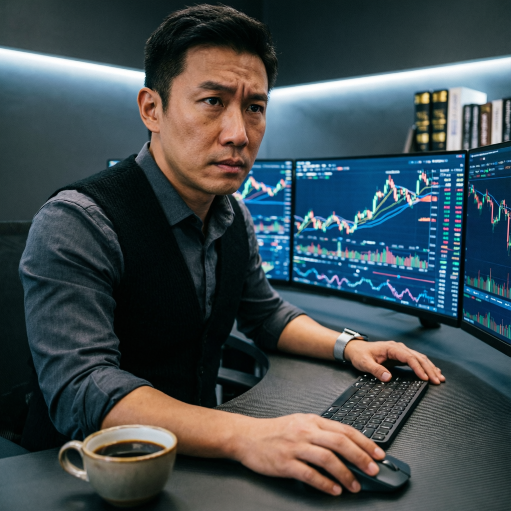 Professional trader analyzing multiple monitors with trading charts