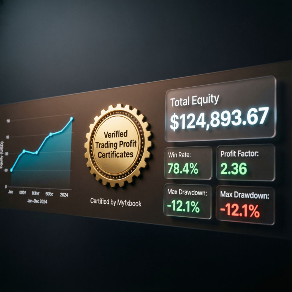 Verified trading profit certificates and Myfxbook analytics dashboard