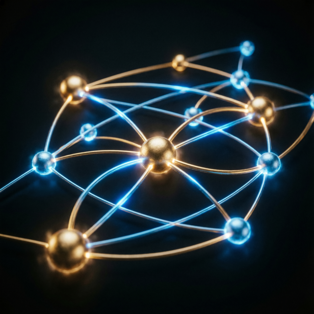 Abstract financial network connectivity representing prop firm evaluation success