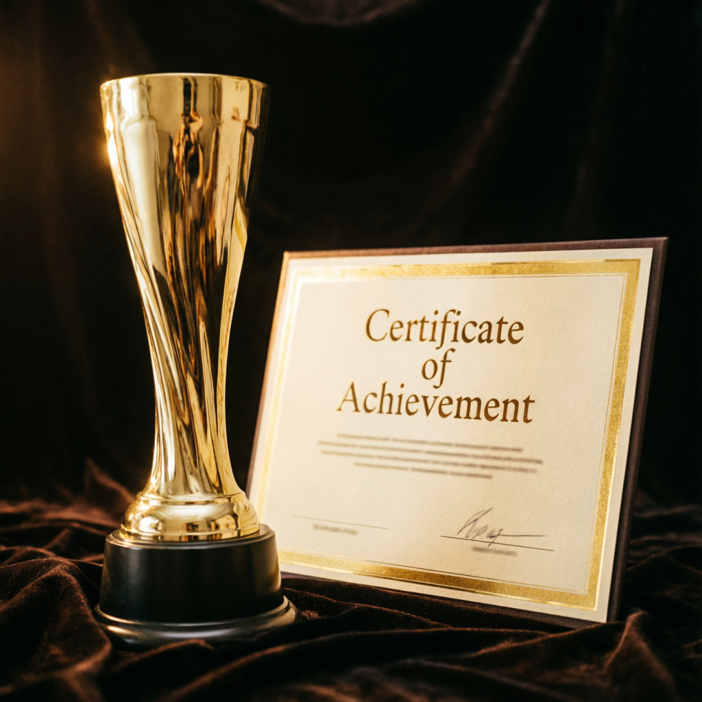 Gold trophy and certificate of achievement representing funded trader success