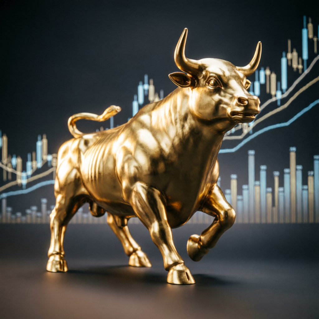 Gold bull statue with financial charts representing trading growth and scaling
