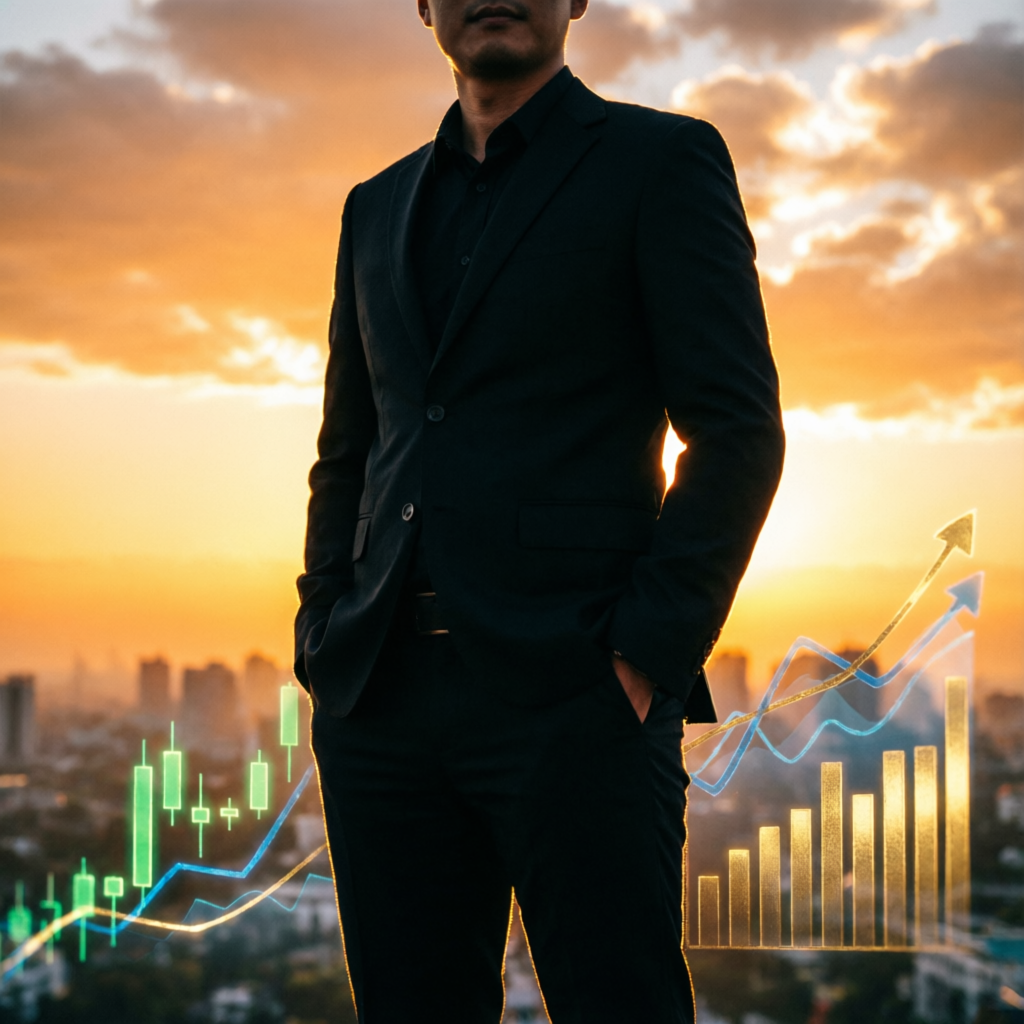 Successful trader silhouette against golden sunset with financial growth charts