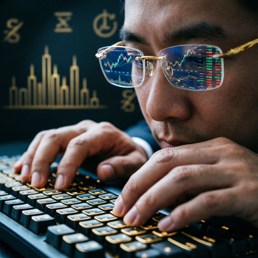 Professional trader focused on keyboard analyzing trading charts with gold accents