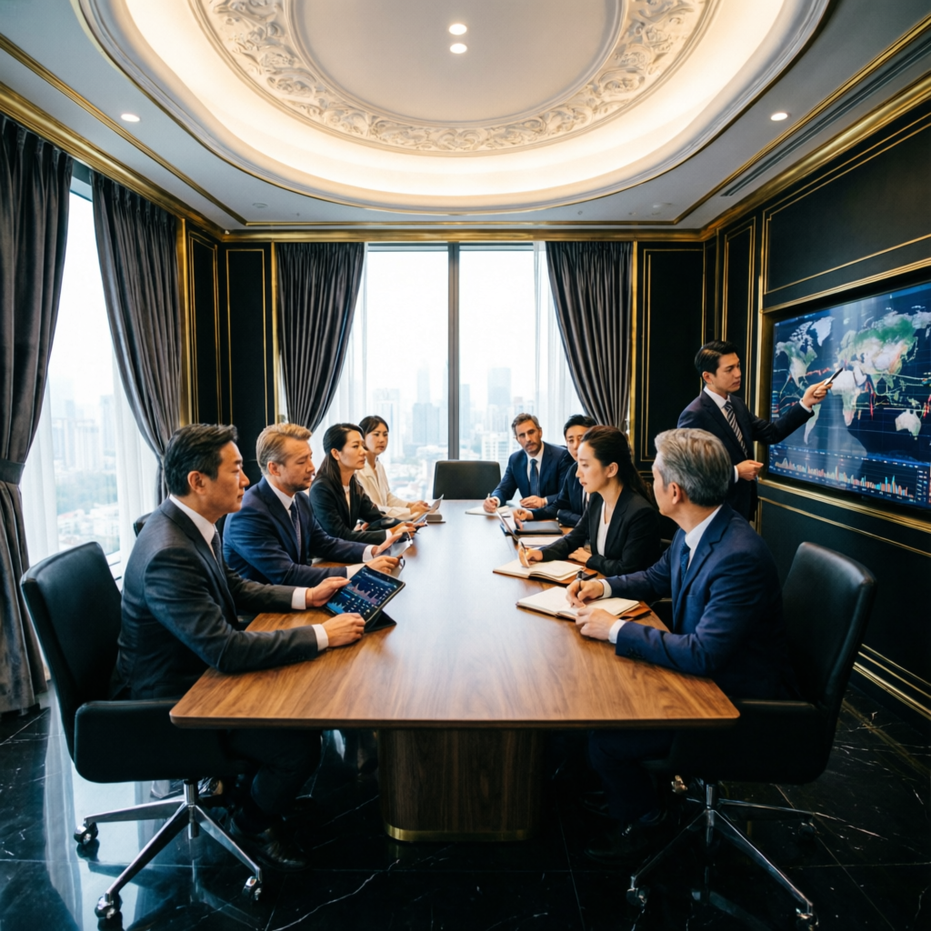 Professional trading team meeting discussing prop firm strategies in luxury boardroom