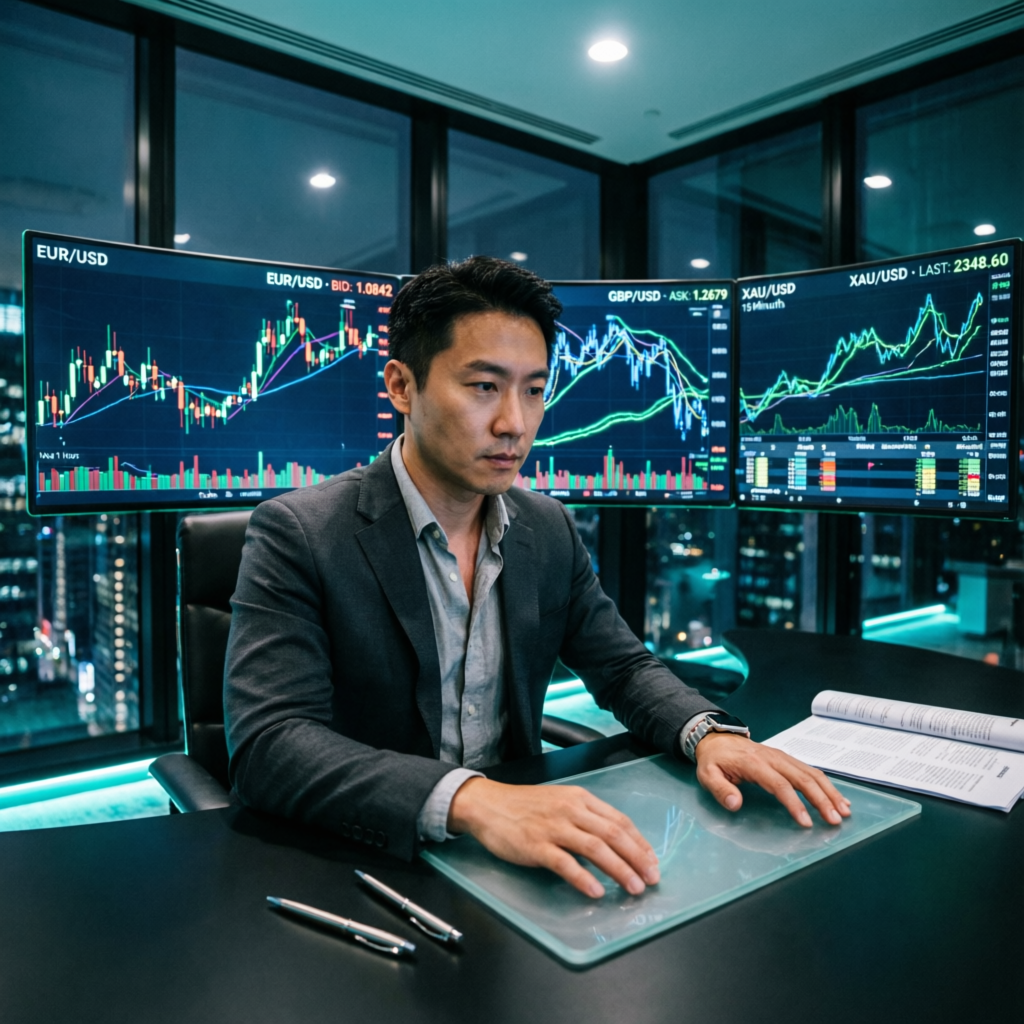 Professional forex trader with multiple trading screens