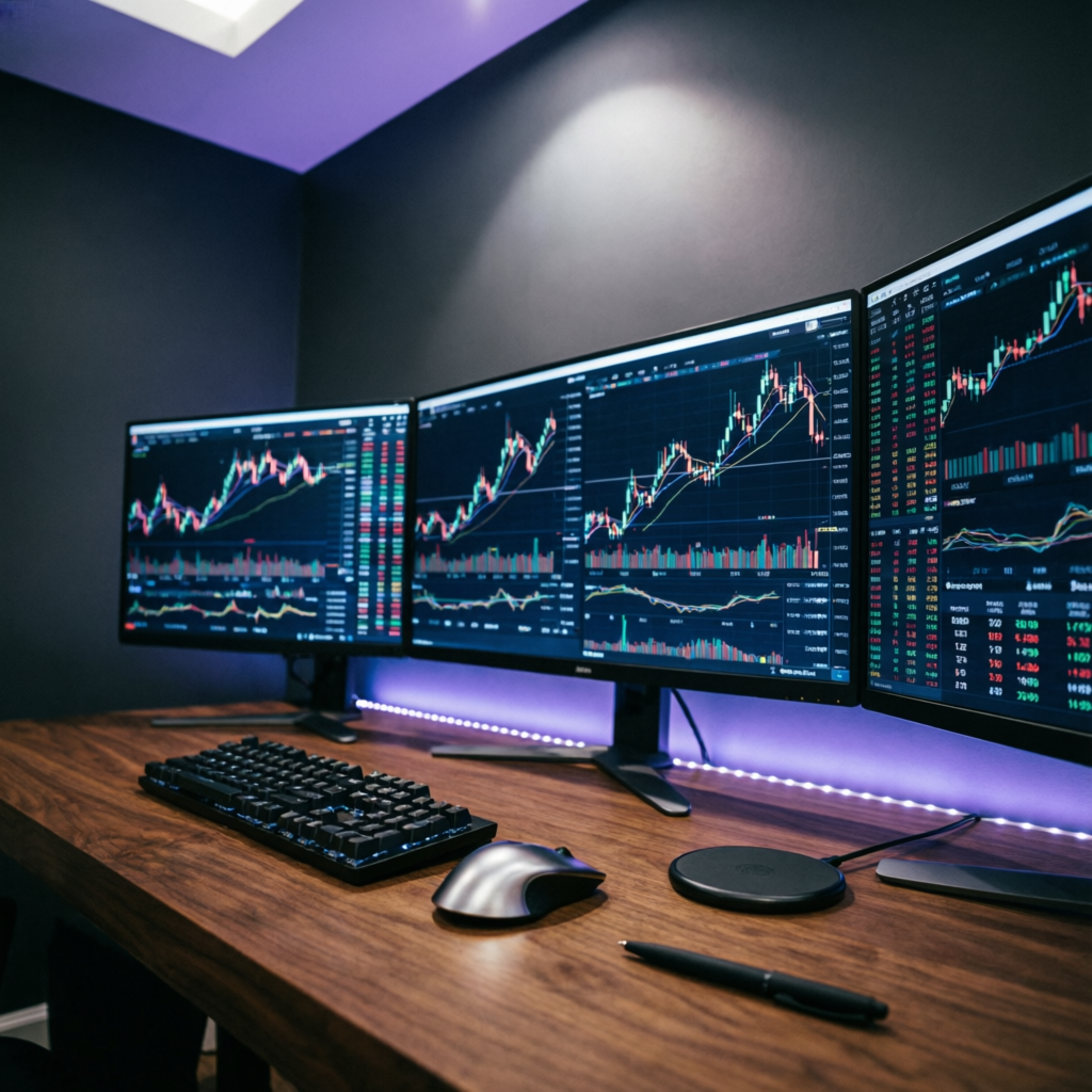 Professional trading desk with multiple monitors showing live charts