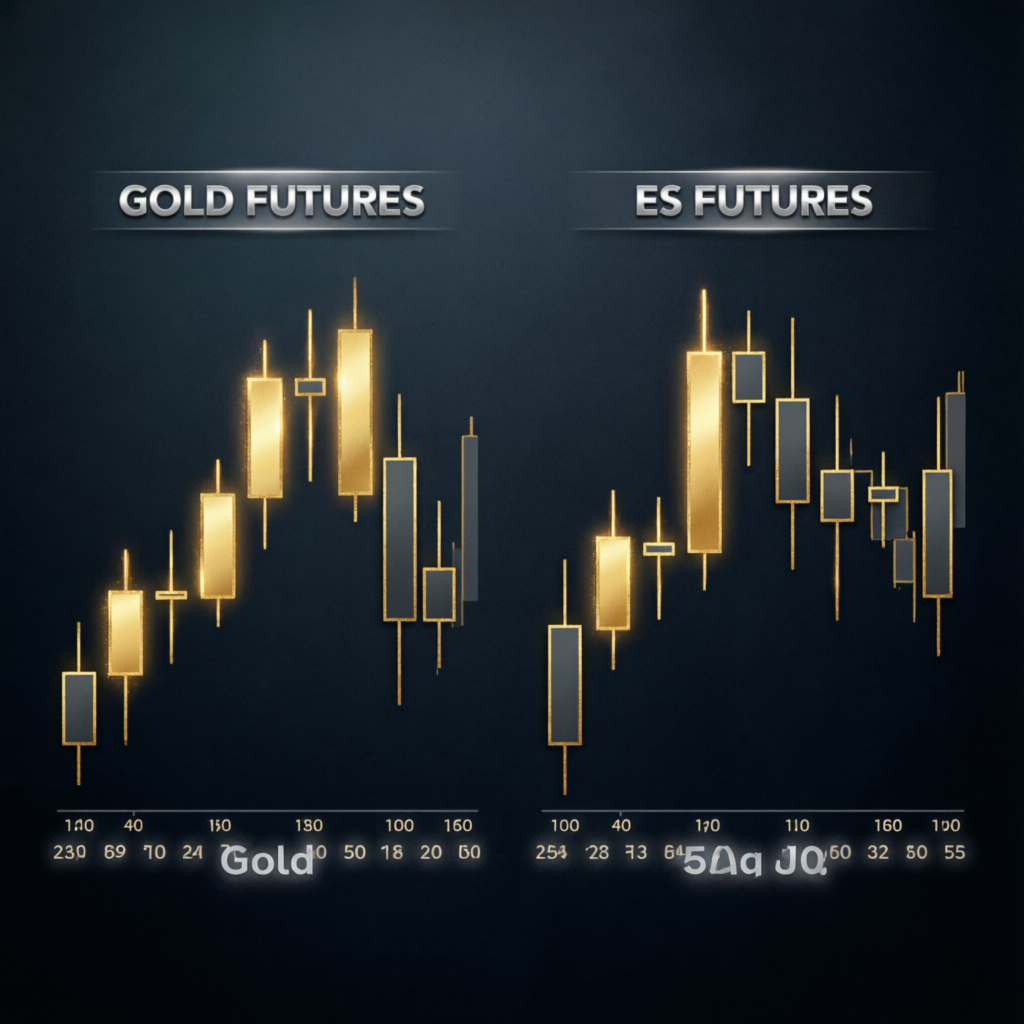 Gold and ES futures trading candlestick charts