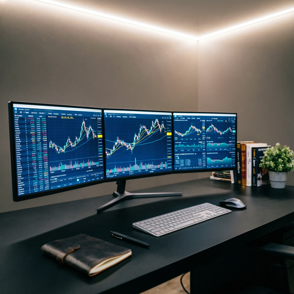 Professional forex account management workspace with multiple monitors