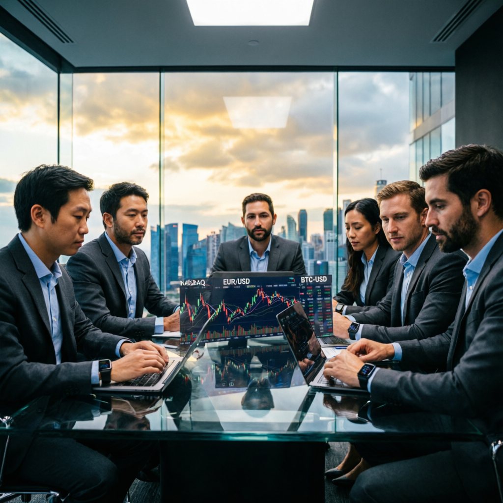 Professional trading team analyzing charts together