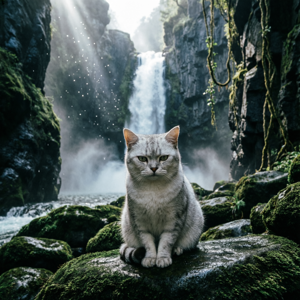 Кот у скрытого водопада