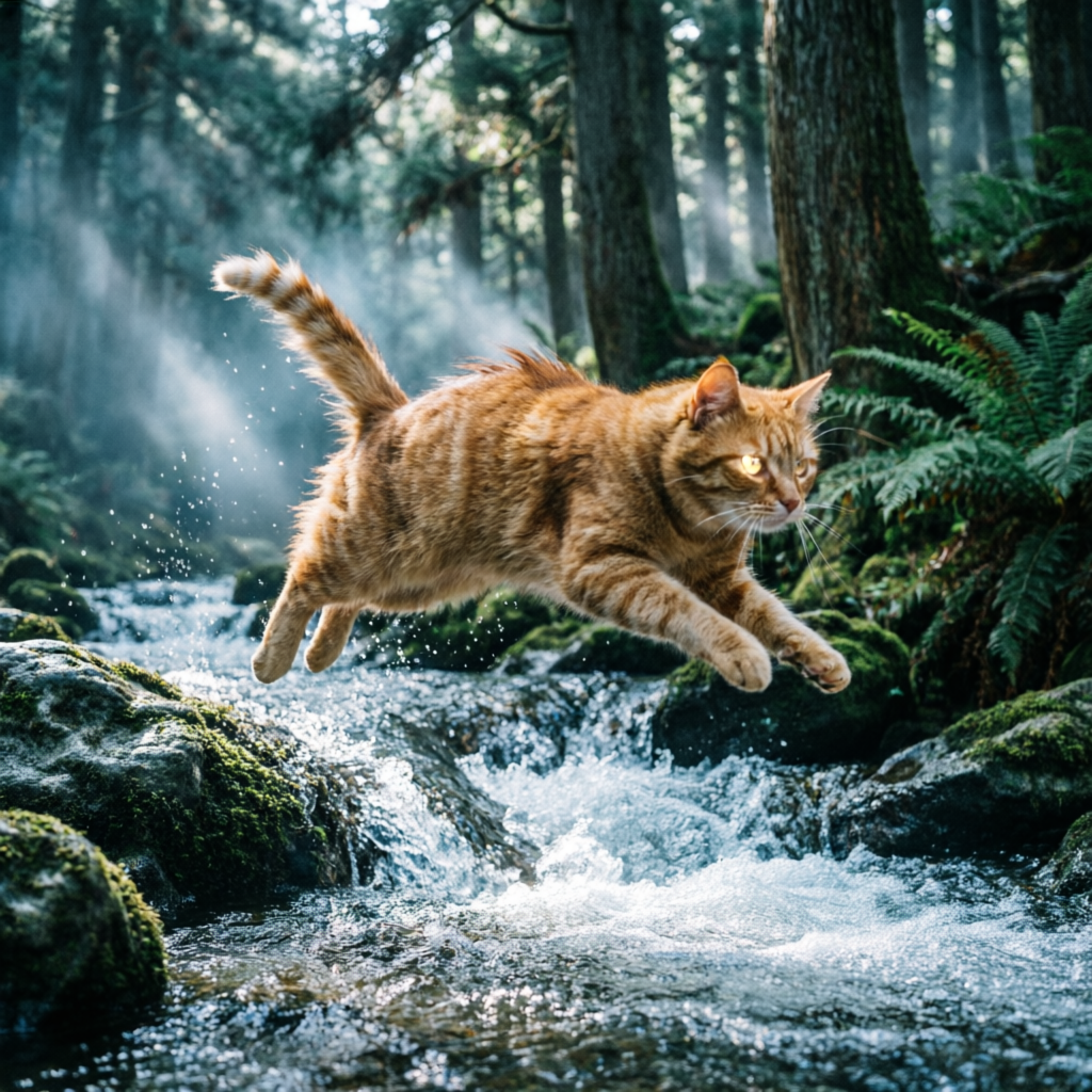 Кот прыгает через ручей