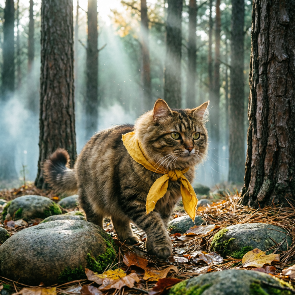 Рыжий кот-воитель в туманном лесу