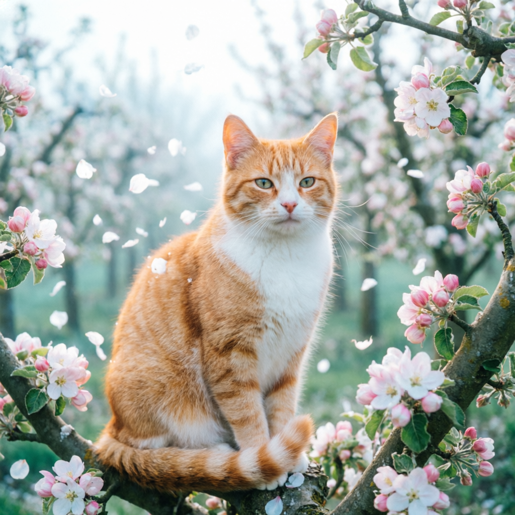 Кот среди цветущих яблонь