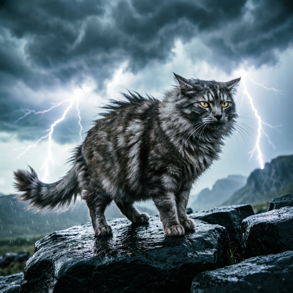 Кот на скале во время грозы