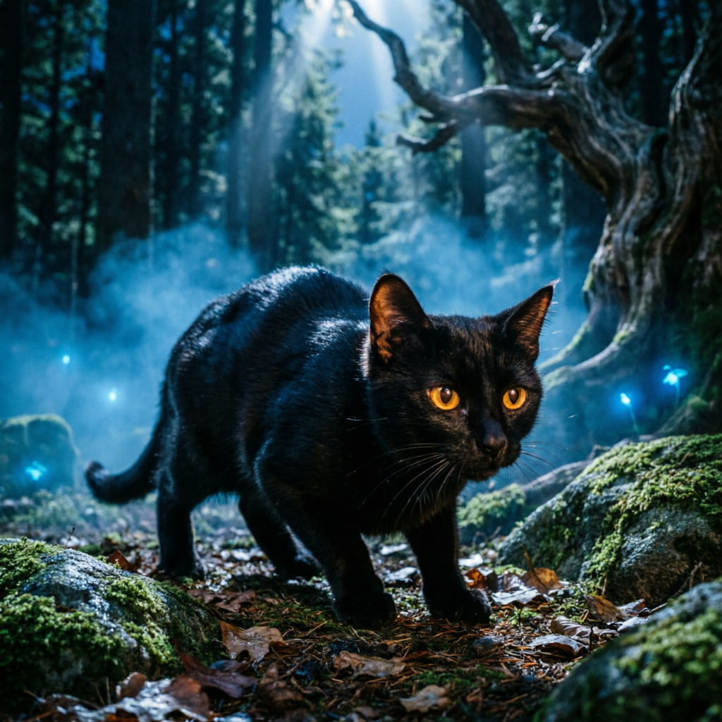 Чёрный кот в ночном лесу