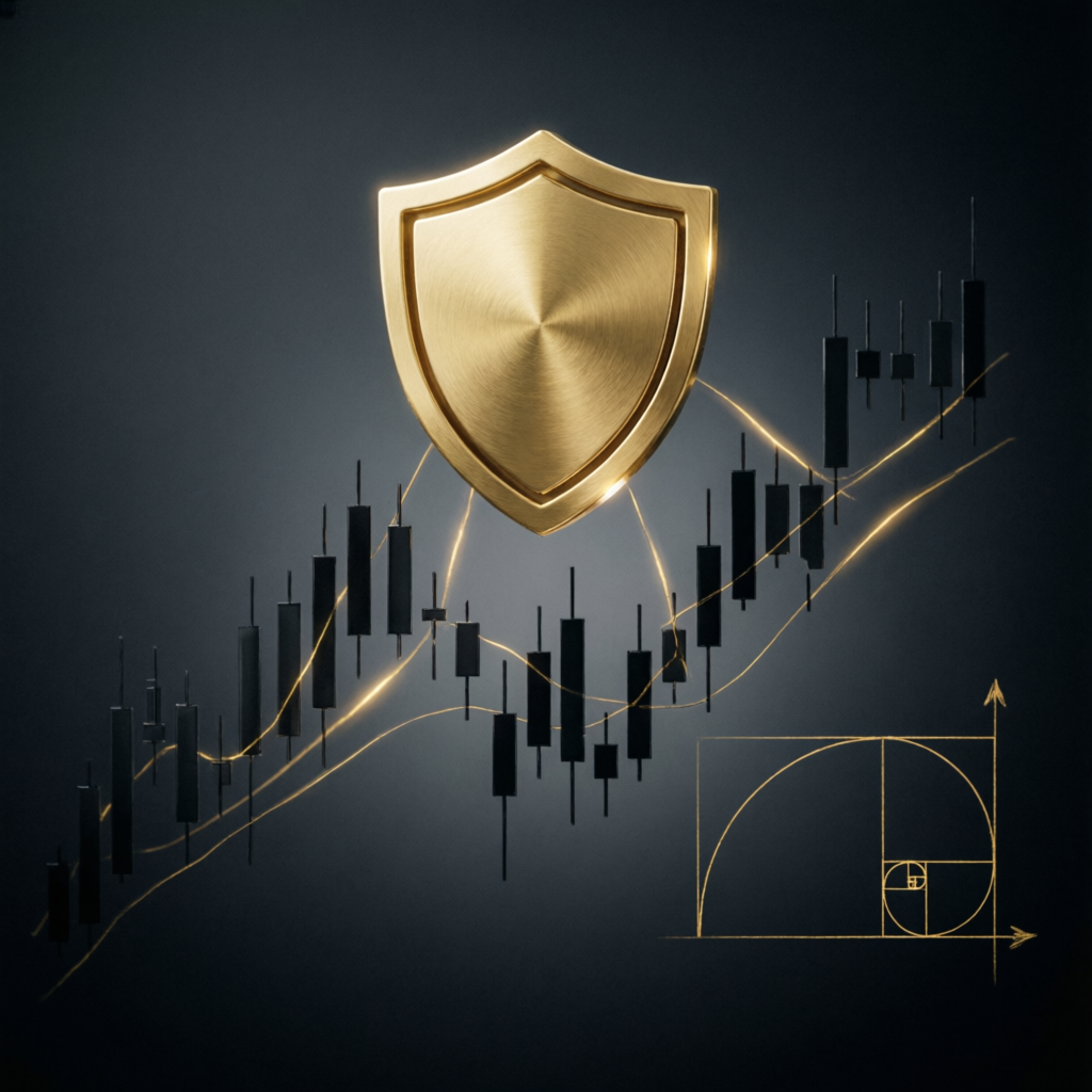 Golden shield protecting forex candlestick charts - risk management concept