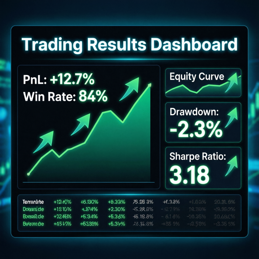 Trading results dashboard showing profitable equity curve and metrics