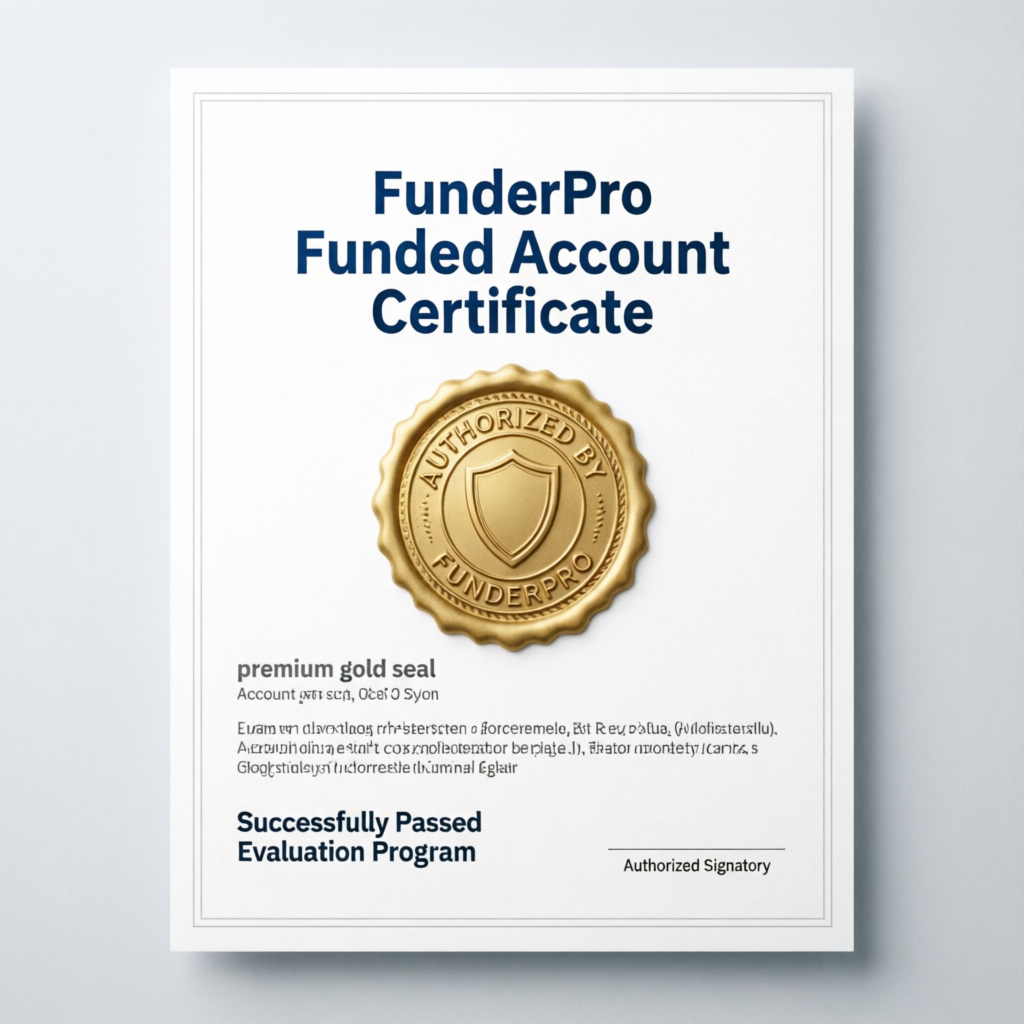 FunderPro funded account certificate with premium gold seal