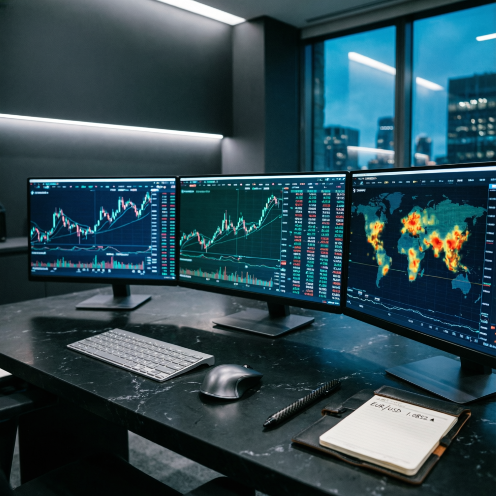 Multiple monitors displaying forex trading charts at PFM Capitals