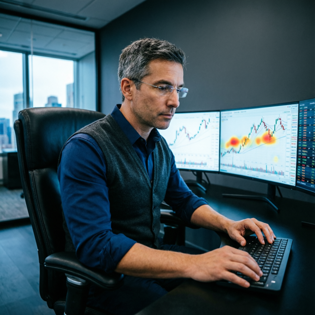 Professional forex trader analyzing charts on multiple monitors - PFM Capitals expert